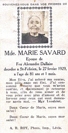 Marie Savard  - Funeral Card